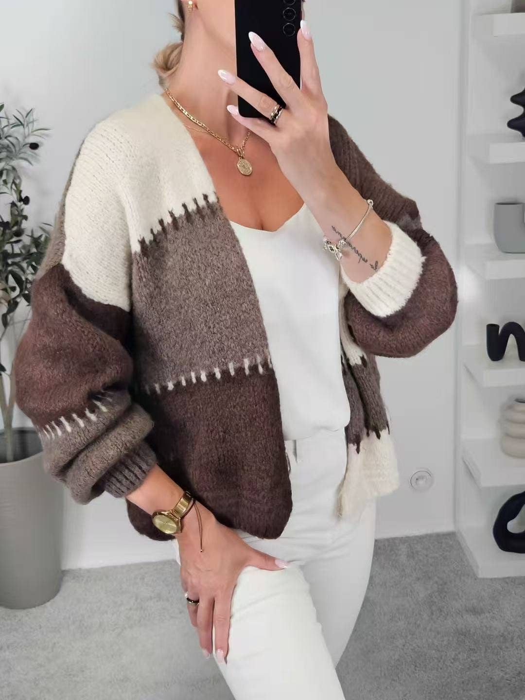 Patchwork knitted open front Cardigan