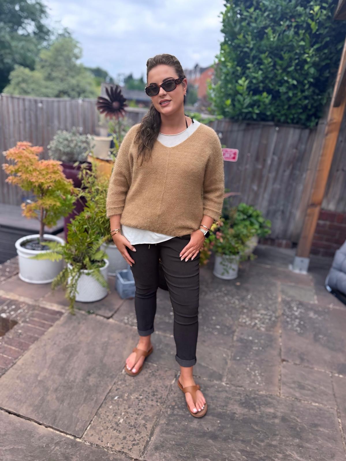 Camel V Neck, Batwing Sweater